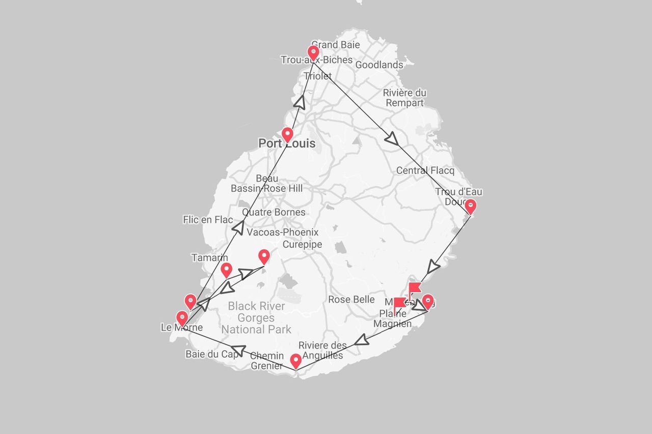 Eine Karte von Mauritius, die eine Reiseroute mit Verbindungen zu Orten wie Port Louis, dem Black River Gorges Nationalpark und Grand Baie zeigt.