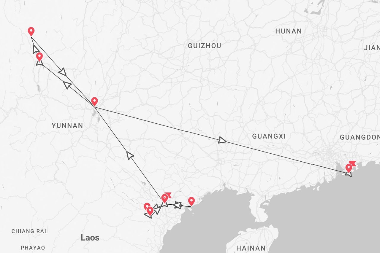 Mappa di un itinerario di viaggio con tappe e percorsi segnati attraverso lo Yunnan (Cina meridionale) e il Laos settentrionale.
