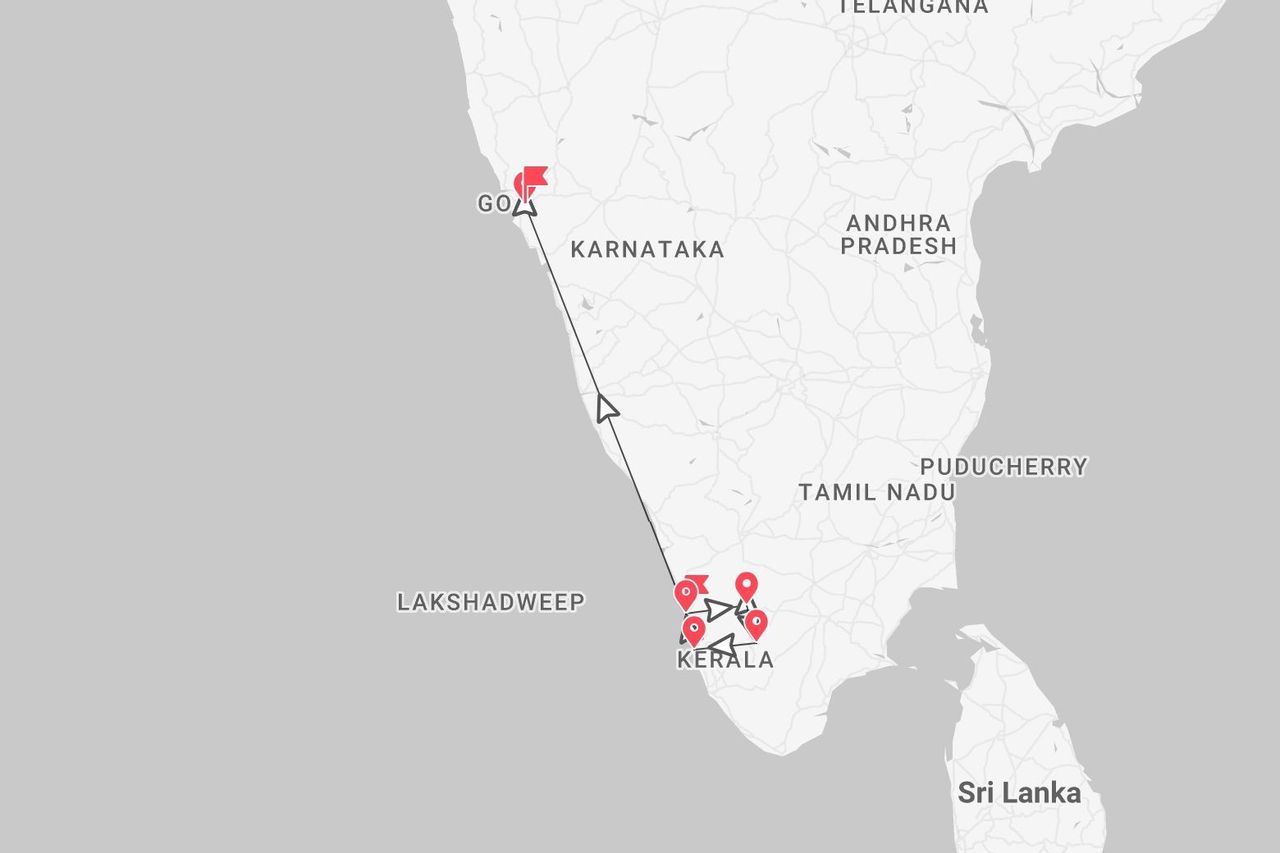 Eine Karte einer Reiseroute in Südindien, beginnend in Goa und südwärts zu mehreren Zielen in Kerala.