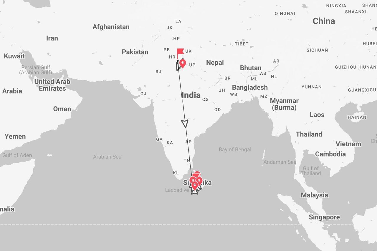 Una mappa che mostra un itinerario di viaggio con inizio nel nord dell'India e fine in Sri Lanka, con più tappe segnate attraverso la nazione insulare.