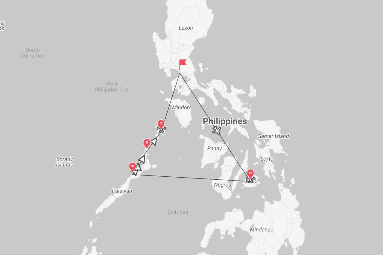 Un mapa de Filipinas mostrando un itinerario de viaje conectando las islas de Luzón, Palawan y Negros.