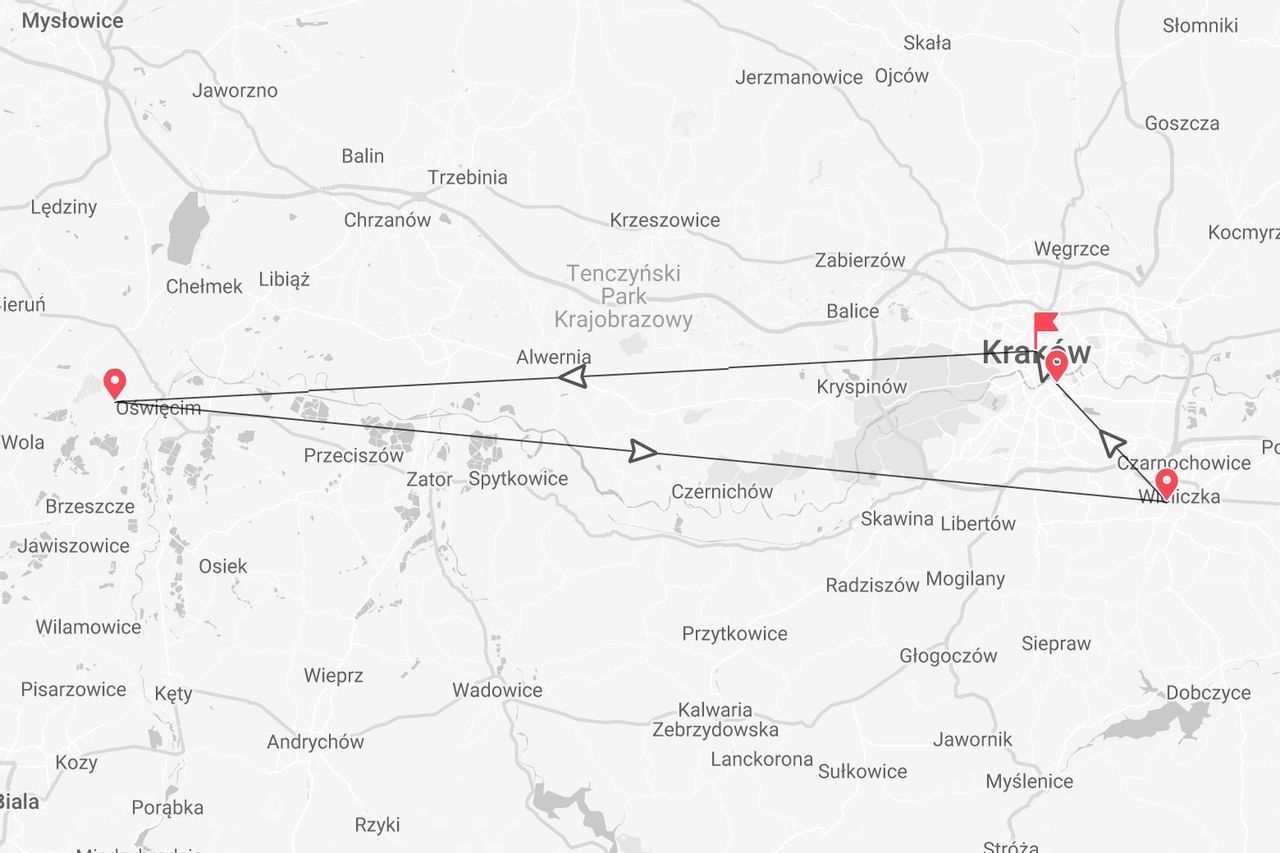 Un mapa que muestra una ruta entre Cracovia, Oświęcim y Wieliczka en Polonia, marcado con pines de ubicación y flechas direccionales.