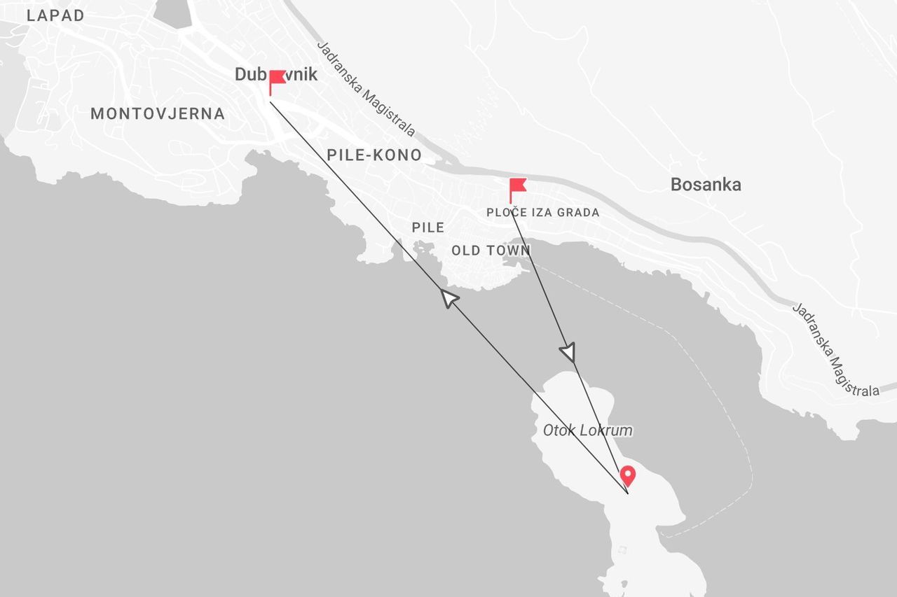Una mappa semplificata che mostra i percorsi di viaggio dalla città di Dubrovnik e dal suo centro storico alla vicina isola di Otok Lokrum.