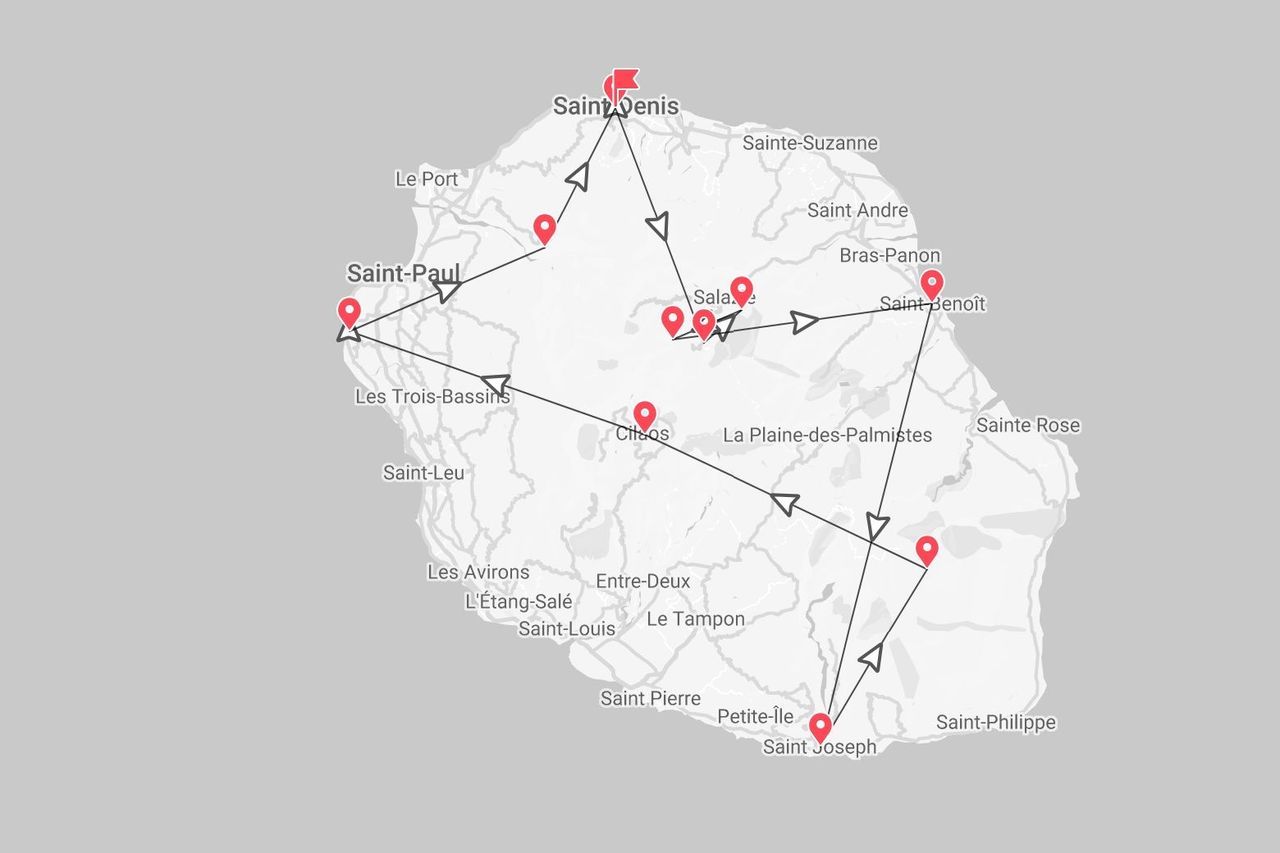 Eine Karte von La Réunion mit einer eingezeichneten Reiseroute, die Städte wie Saint-Denis, Saint-Paul, Cilaos und Salazie verbindet.