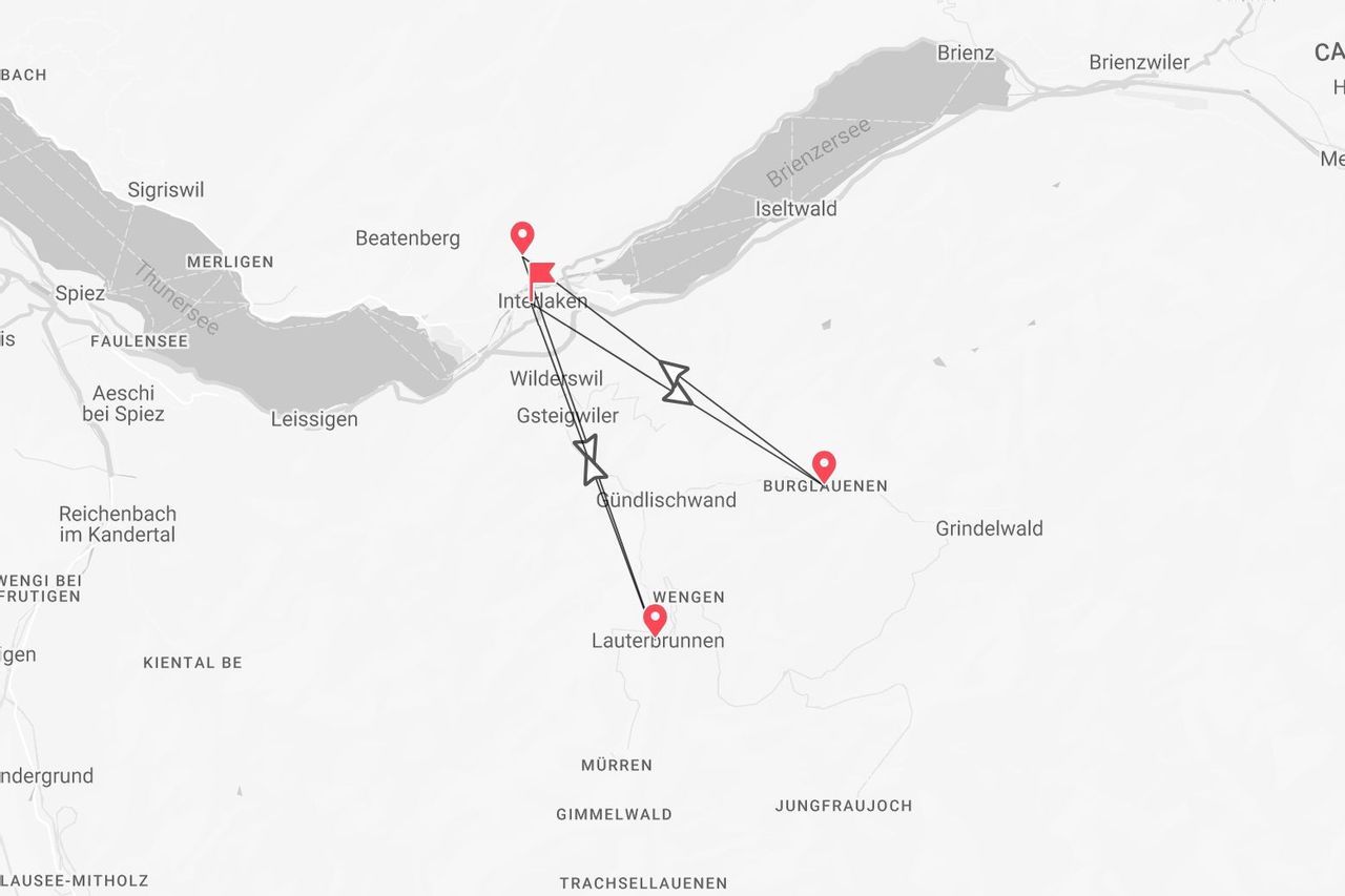 Une carte d'un itinéraire de voyage en Suisse, montrant un parcours à travers Interlaken, Lauterbrunnen et la région de Grindelwald.