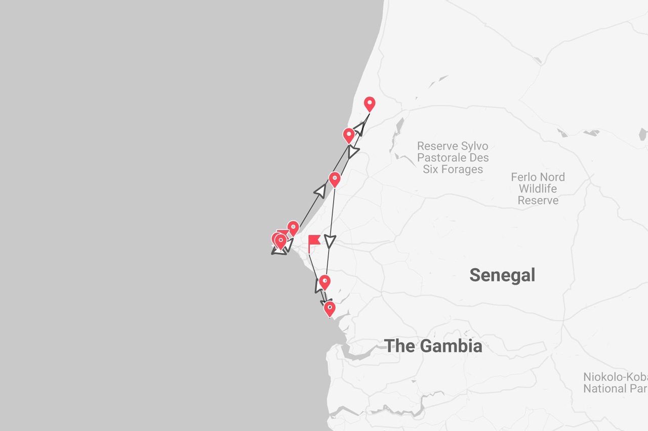 Une carte d'itinéraire de voyage avec des étapes marquées le long de la côte du Sénégal.