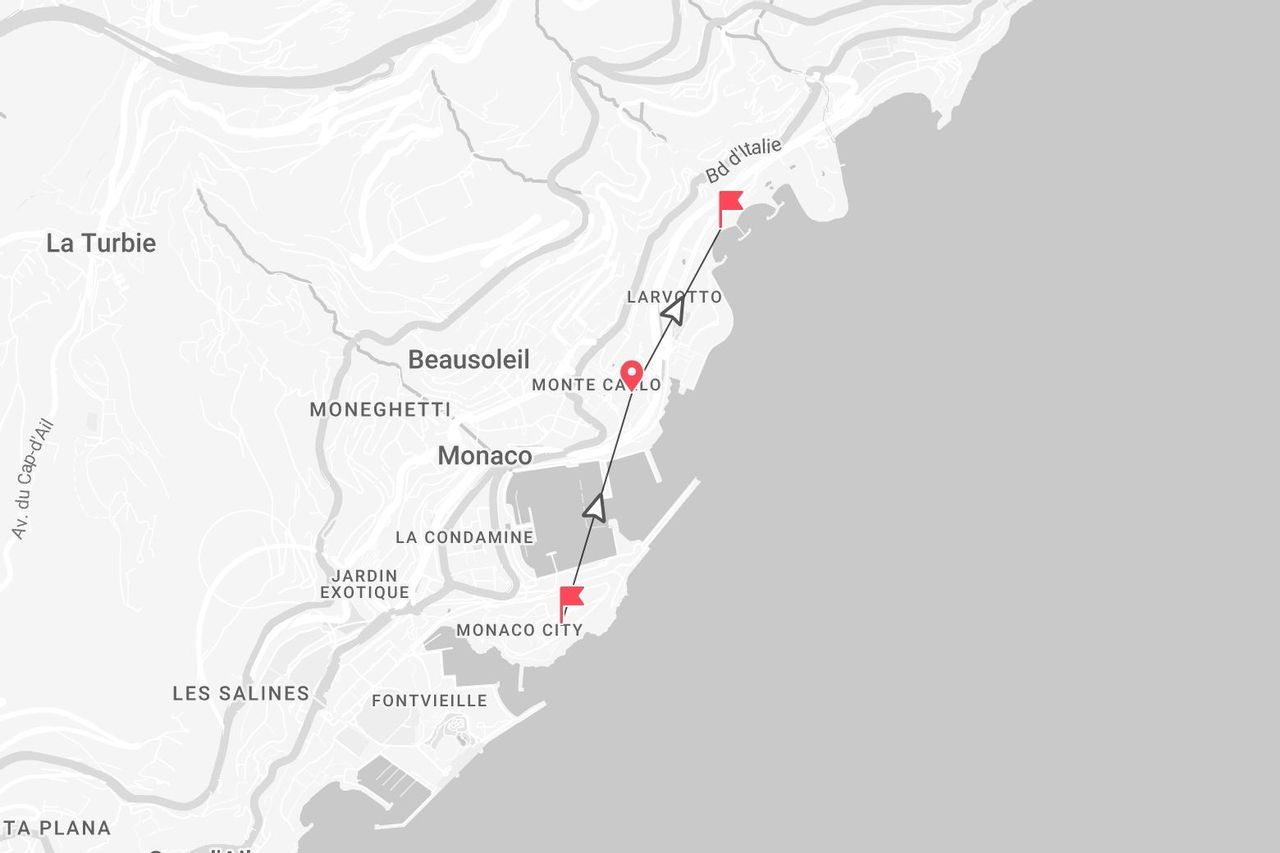 Una mappa di Monaco con un itinerario che parte da Monaco-Ville, attraversa Monte Carlo e termina a Larvotto.