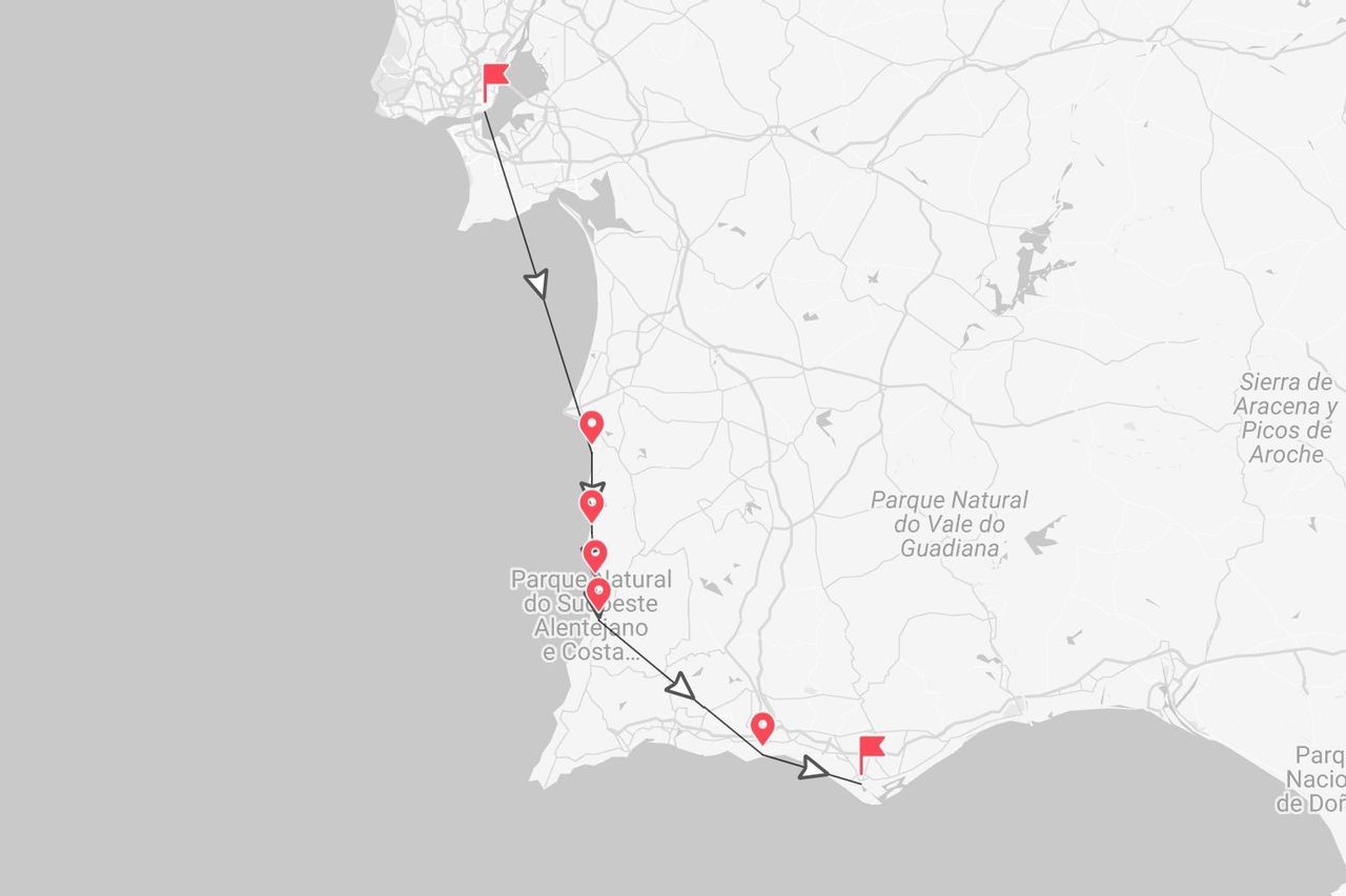 Eine Karte, die eine Reiseroute entlang der portugiesischen Küste zeigt, durch den Parque Natural do Sudoeste Alentejano.