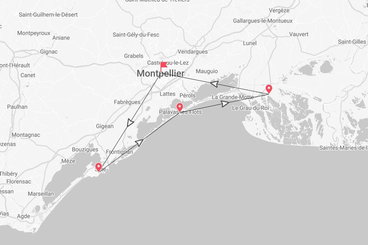 Une carte montrant un itinéraire de voyage à travers Montpellier, Sète, Palavas-les-Flots et Le Grau-du-Roi en France.