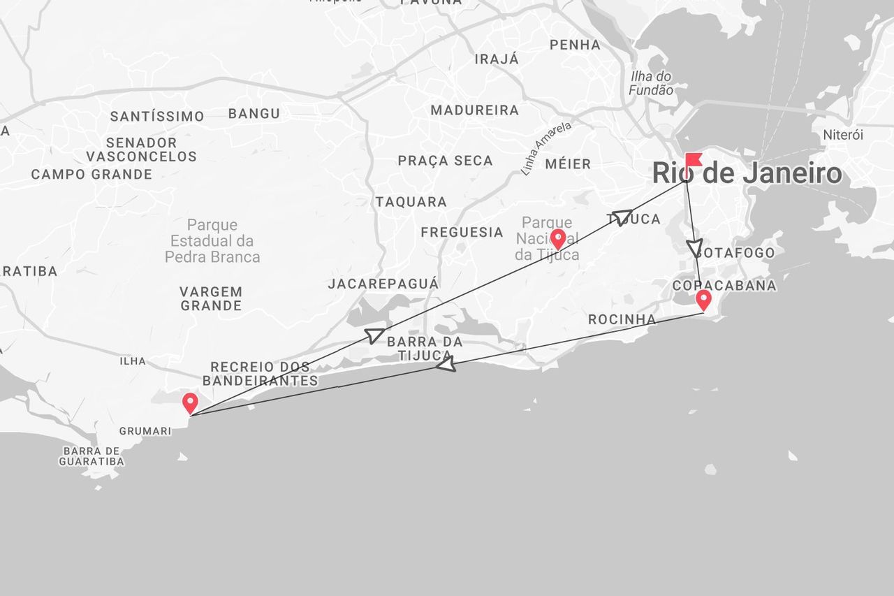Mappa di un itinerario di viaggio per Rio de Janeiro, con tappe a Copacabana, Barra da Tijuca e il Parco Nazionale di Tijuca.
