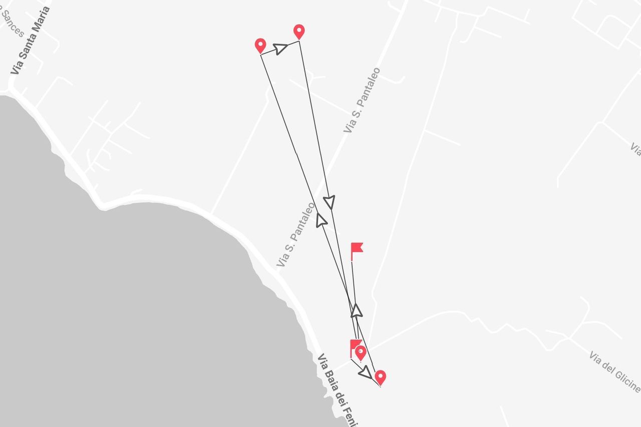 Mappa di un itinerario pianificato con indicatori di posizione e frecce direzionali lungo diverse strade, inclusa Via S. Pantaleo.