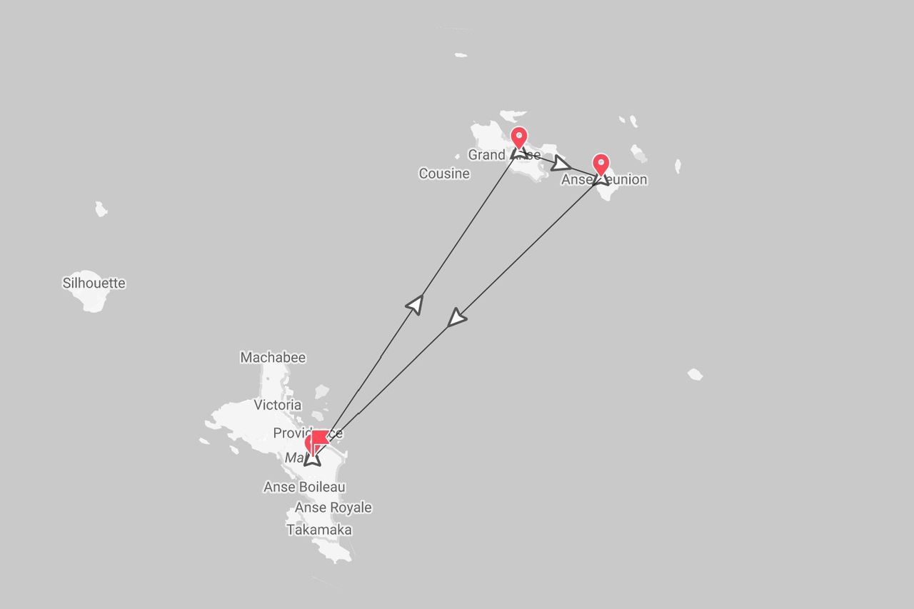 Una mappa delle Seychelles che mostra un itinerario di viaggio tra le isole di Mahé, Praslin e La Digue, indicato con puntine e linee di collegamento.