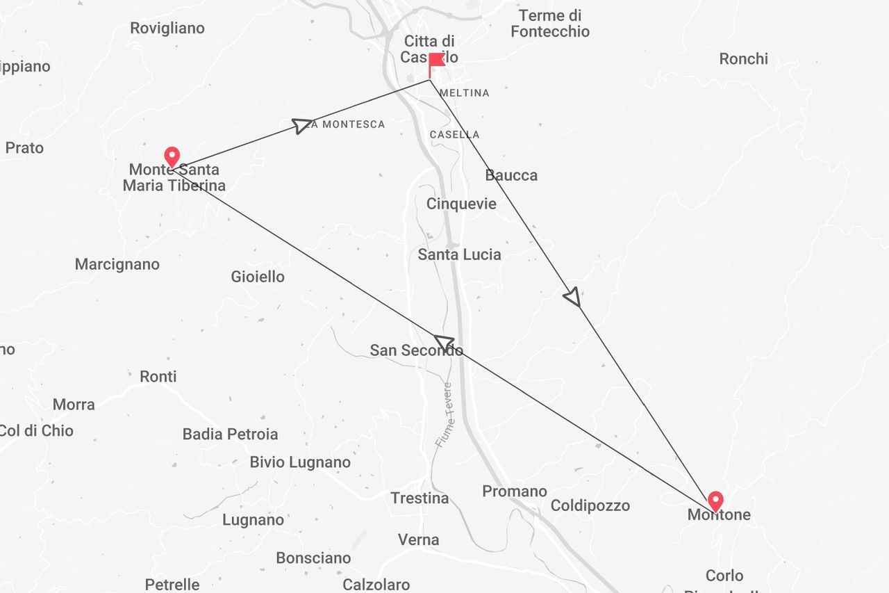 Mappa di un itinerario di viaggio tra Monte Santa Maria Tiberina, Città di Castello e Montone.