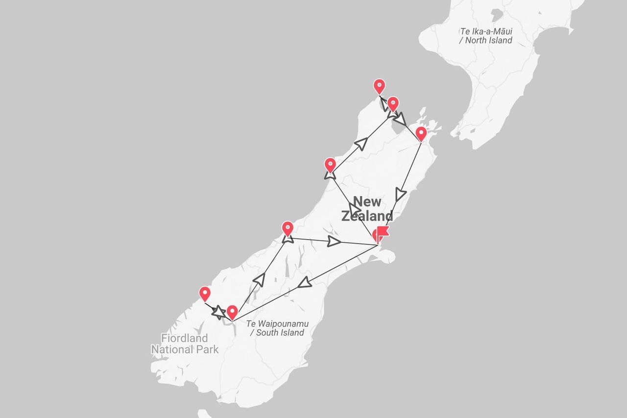 A map of a travel itinerary for New Zealand, showing a route with pins across the North Island and South Island.