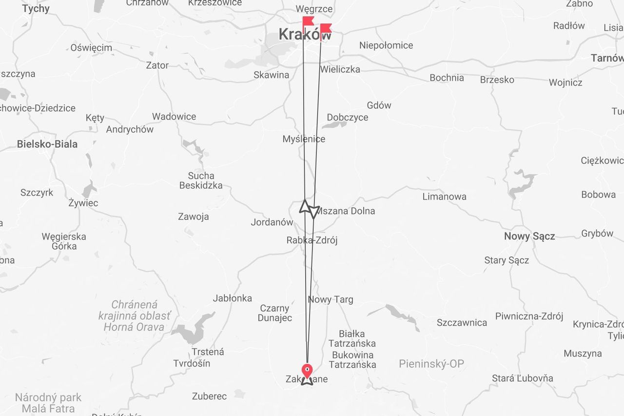 A map showing a travel route in Poland, starting in Kraków and ending in Zakopane, with a stop in Mszana Dolna.