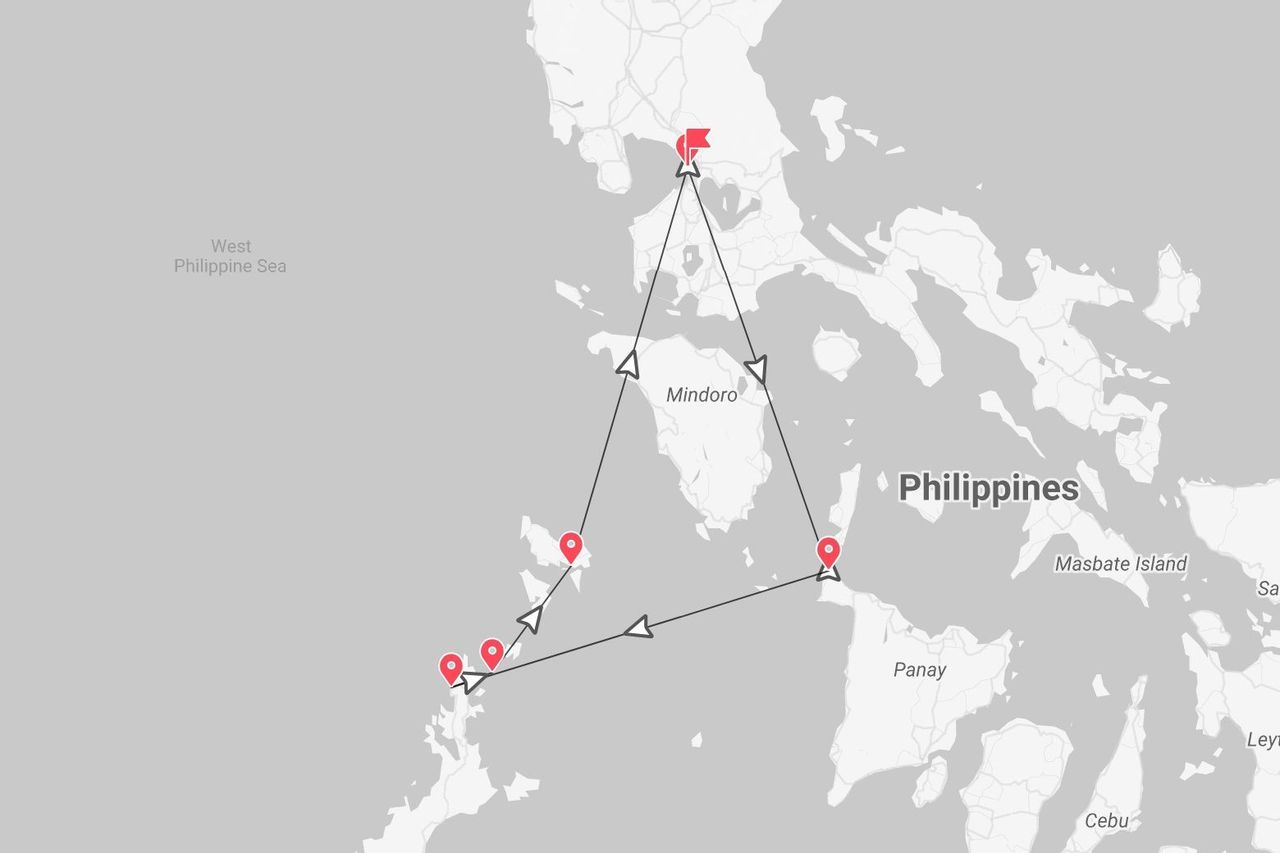 Eine Karte, die eine Reiseroute durch die Inseln der Philippinen zeigt, einschließlich Mindoro und Panay.