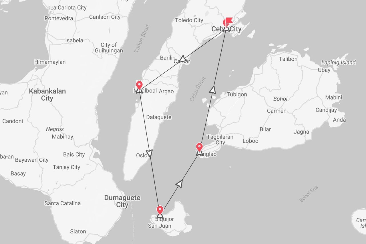 Mapa de Filipinas con itinerario de viaje: Cebú, Moalboal, Siquijor y Panglao.