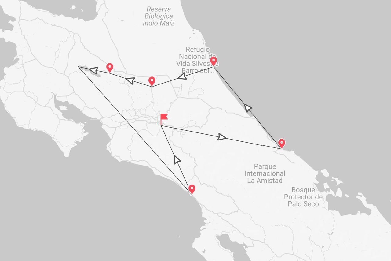 Une carte montrant un itinéraire de voyage à travers le Costa Rica, avec des épingles marquant les arrêts près de divers parcs nationaux et réserves biologiques.