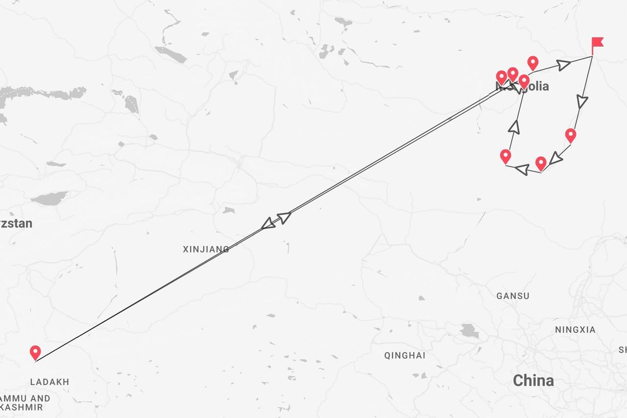 A map showing a travel itinerary starting in Ladakh, crossing over China, and looping through Mongolia.