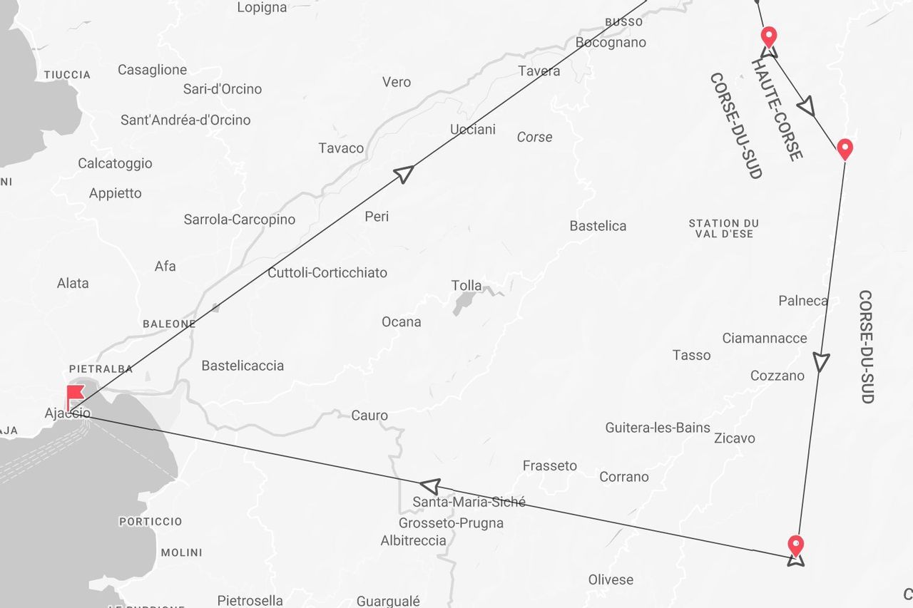 Une carte d'un itinéraire de voyage en Corse, montrant un parcours à travers Ajaccio, la Corse-du-Sud et la Haute-Corse.