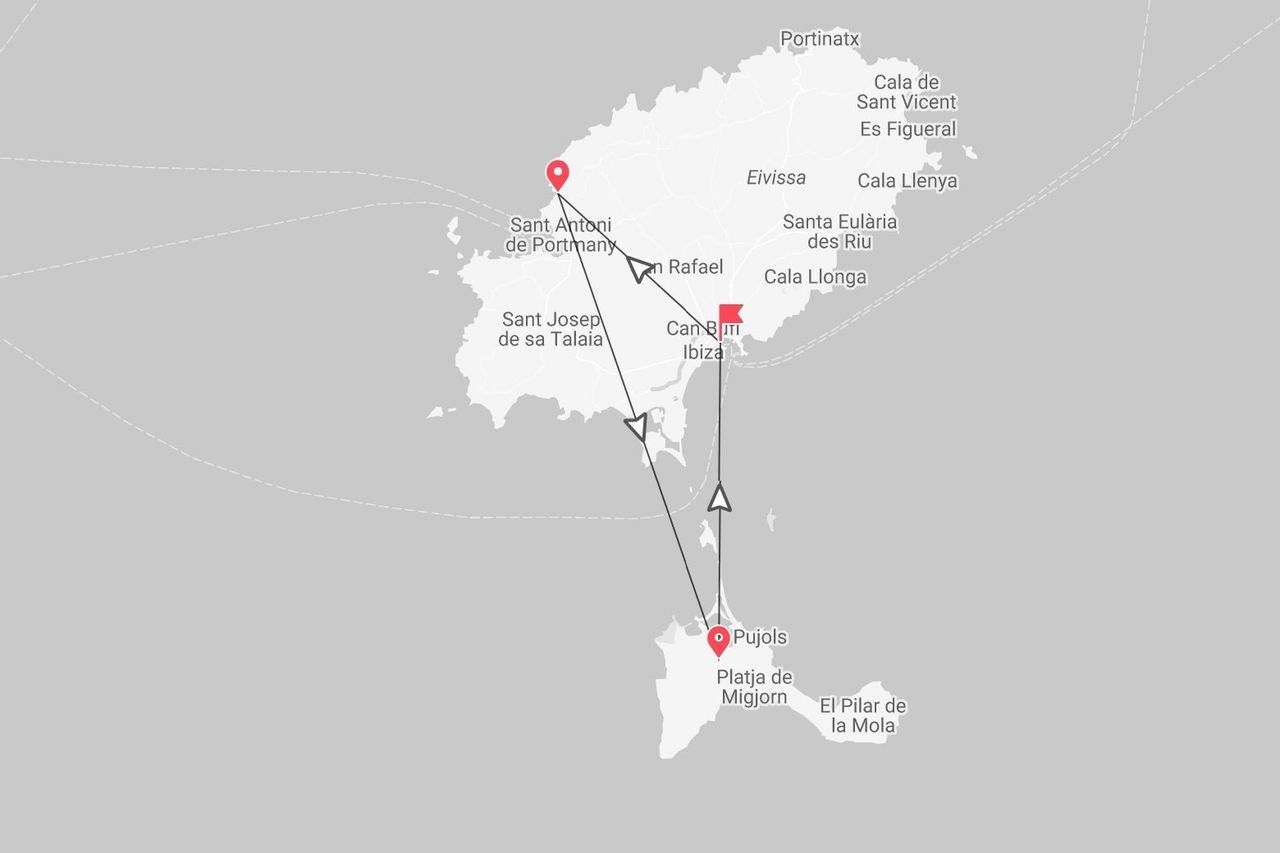 Una mappa di Ibiza e Formentera che mostra un itinerario di viaggio tra la città di Ibiza, Pujols e Sant Antoni de Portmany.