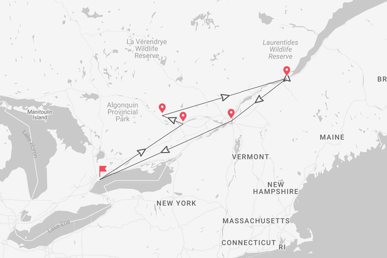 Mappa di un itinerario di viaggio nel Canada sud-orientale, vicino al Parco Provinciale di Algonquin, e negli Stati Uniti nord-orientali.