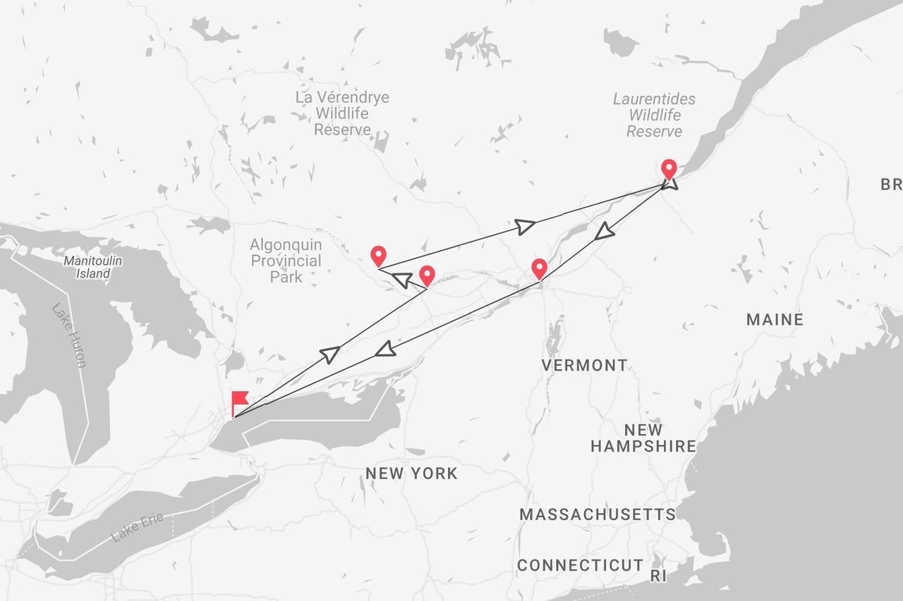 Eine Karte, die eine Reiseroute vom Huronsee ostwärts durch den Algonquin Provincial Park und Wildreservate in Quebec zeigt.