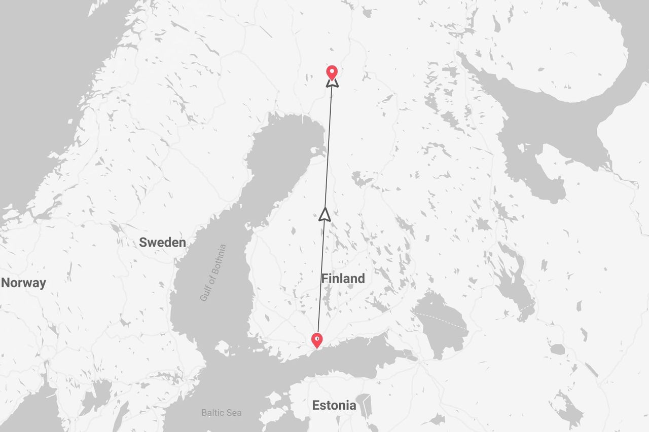Un mapa en escala de grises que muestra una ruta de viaje del sur al norte de Finlandia, con los países vecinos Suecia, Noruega y Estonia etiquetados.