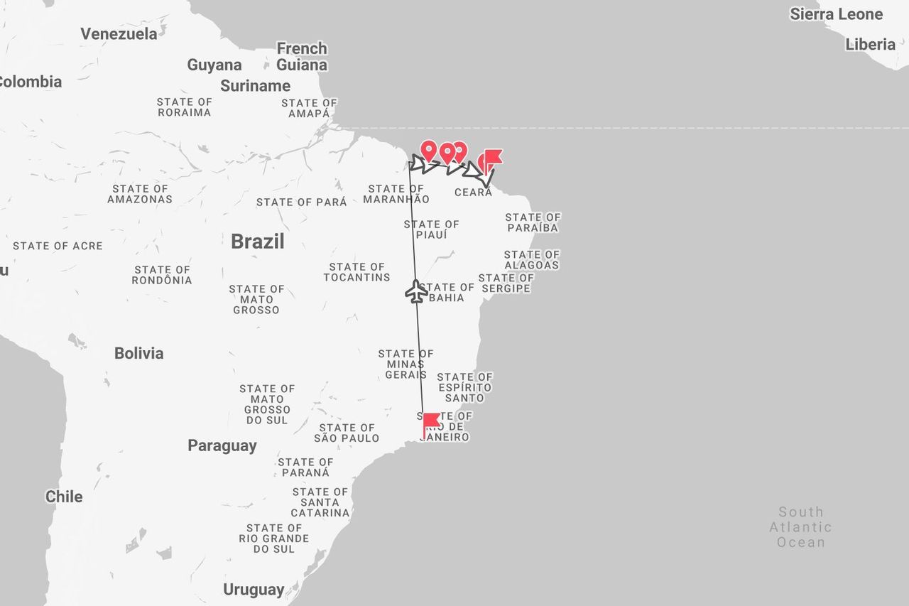 Brasilienkarte mit Reiseroute: Flug von Rio de Janeiro nach Maranhão und weiter entlang der Küste nach Ceará.