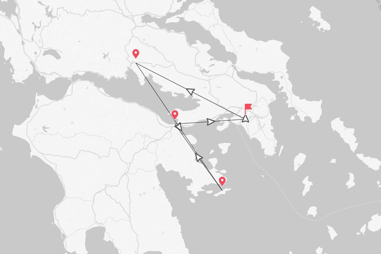 Mappa stilizzata che mostra un itinerario di viaggio a tappe multiple. Il percorso è contrassegnato da linee nere, frecce direzionali, puntine rosse e una bandierina rossa.