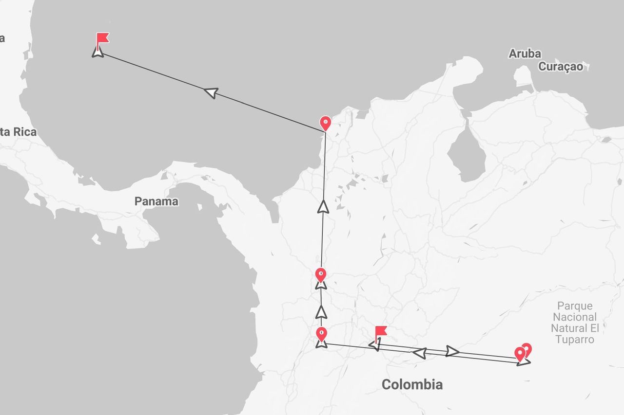 Una mappa che mostra un itinerario di viaggio attraverso la Colombia, partendo vicino a Panama e terminando vicino al Parco Nazionale Naturale El Tuparro.