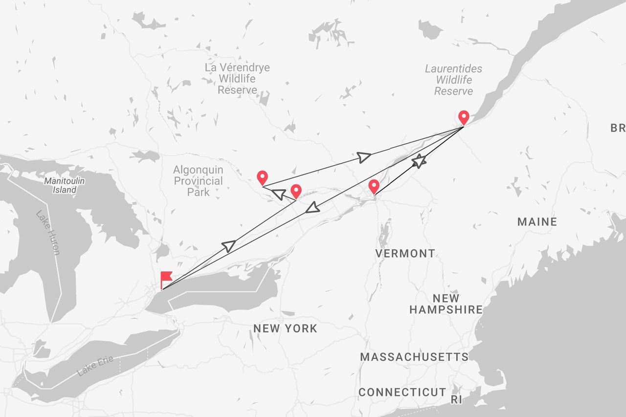 A map showing a travel itinerary through Algonquin Provincial Park, La Vérendrye and Laurentides Wildlife Reserves in Canada.
