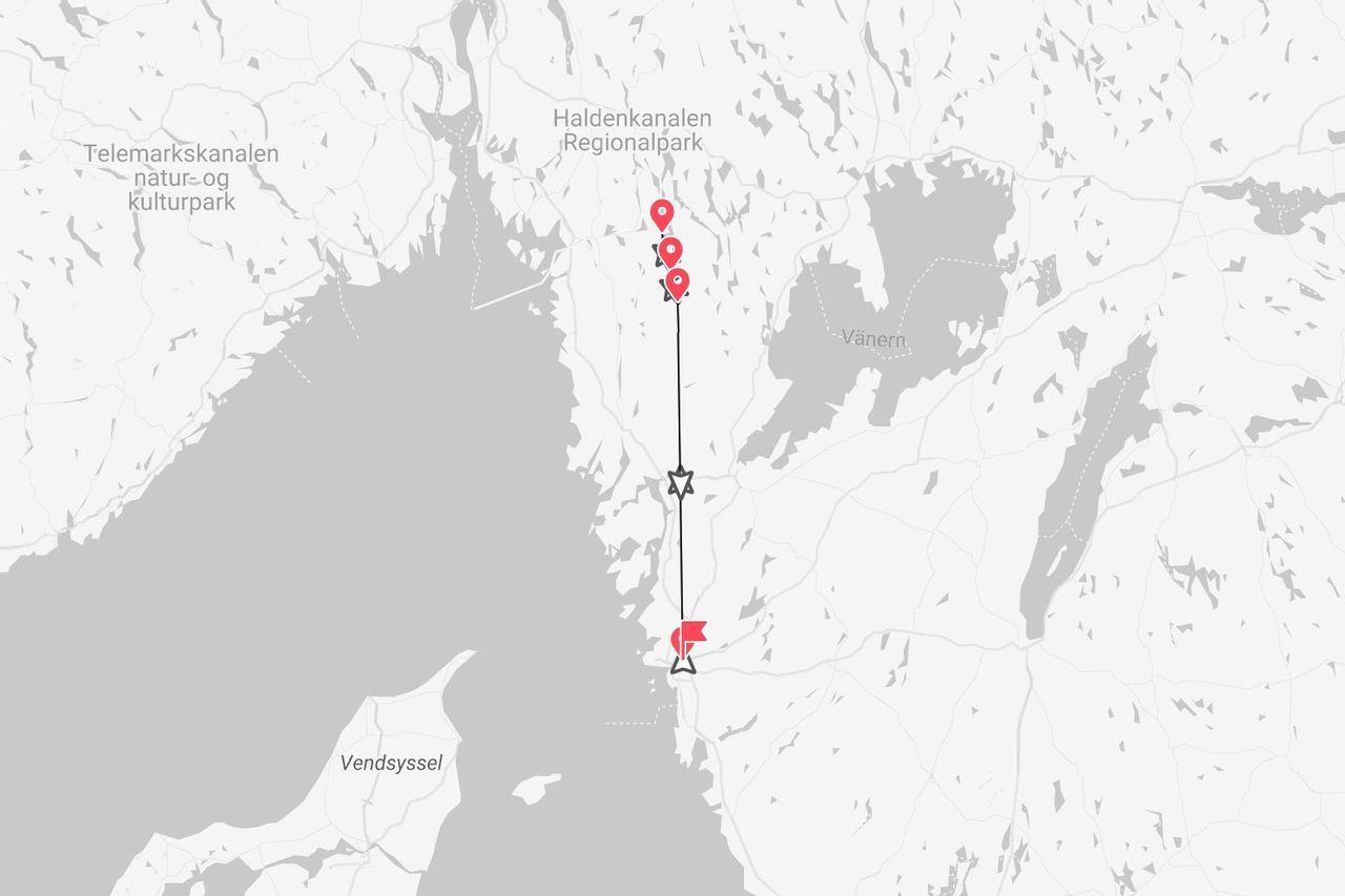 Eine Karte von Skandinavien mit einer Reiseroute und markierten Halten in der Nähe des Haldenkanalen Regionalpark, des Vänernsees und des Telemarkskanals.