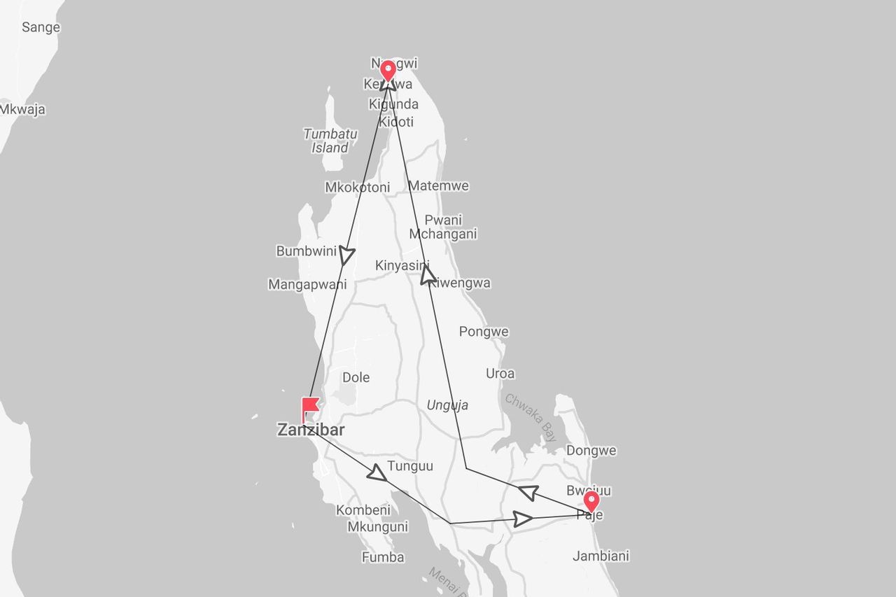 Un mapa de Zanzíbar mostrando un itinerario turístico con paradas marcadas en la ciudad de Zanzíbar, Nungwi y Bwejuu/Paje.