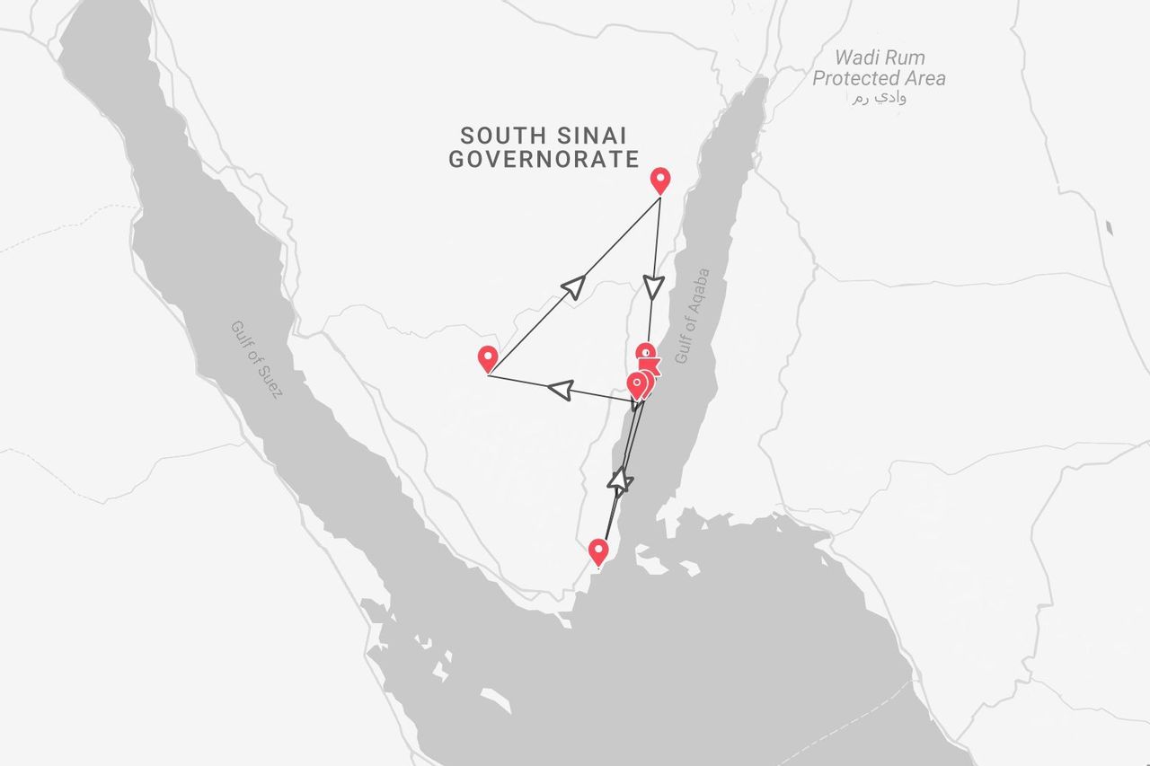 A map showing a travel itinerary through the South Sinai Governorate, between the Gulf of Suez and the Gulf of Aqaba.