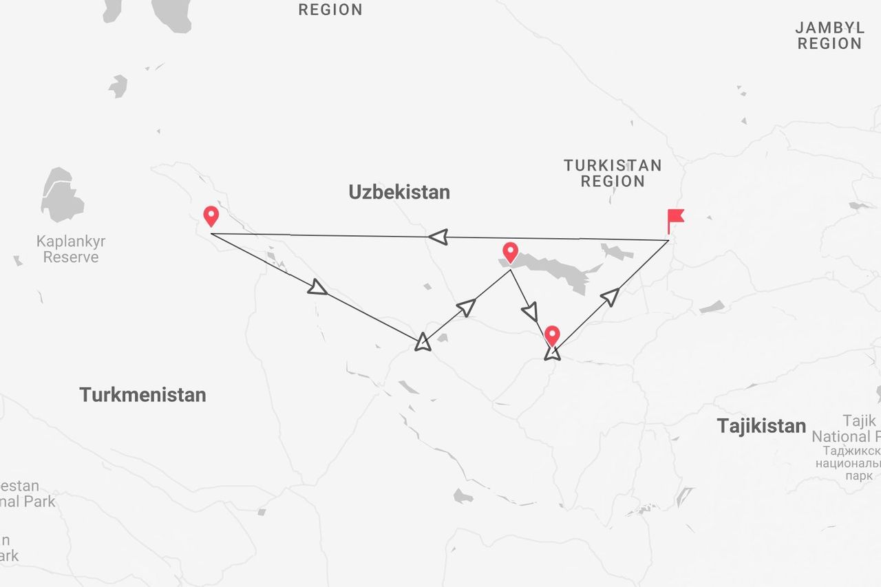 A map showing a travel itinerary with multiple stops across Uzbekistan, with parts of Turkmenistan and Tajikistan visible.