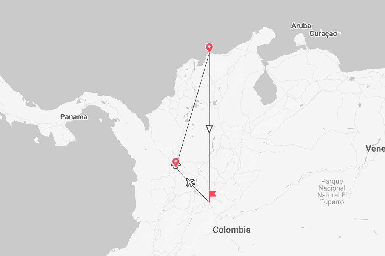 A simplified map of Colombia showing a travel itinerary with three pinned locations connected by lines and airplane icons.
