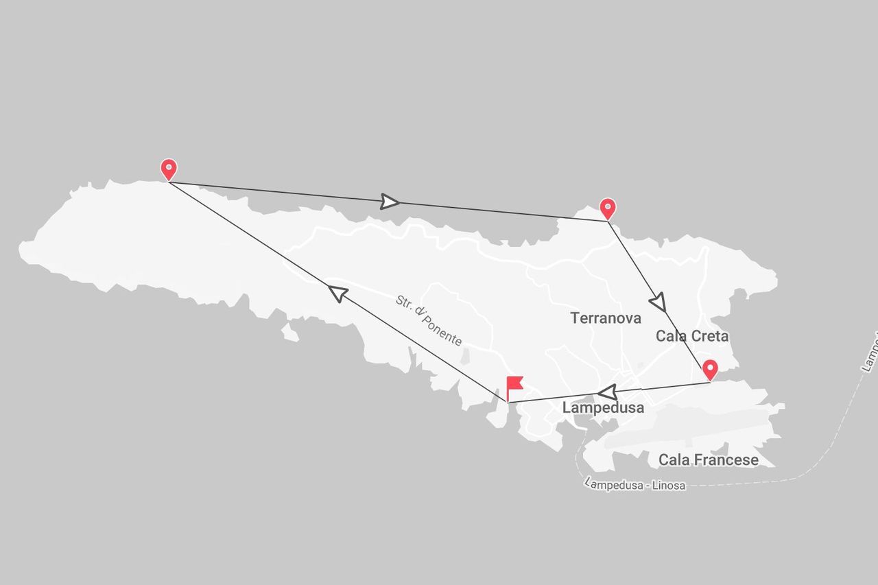 Mappa di Lampedusa con itinerario di viaggio e punti di interesse a Terranova, Cala Creta e altri luoghi dell'isola.