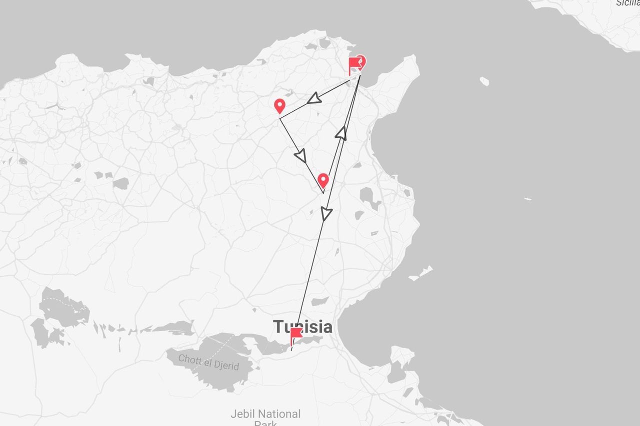 A map of Tunisia showing a travel itinerary in the northern part of the country, marked with a black line, arrows, and red pins.
