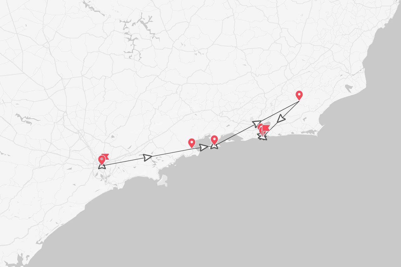A stylized map showing a travel itinerary with red location pins connected by a black line along a coastline.