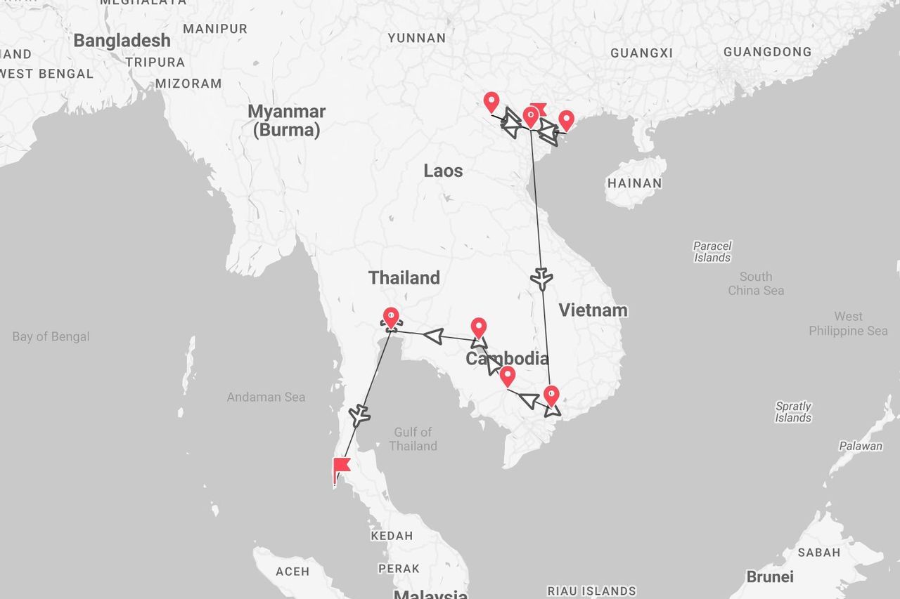 A map of Southeast Asia showing a travel itinerary through Thailand, Cambodia, and Vietnam, marked with pins and flight paths.