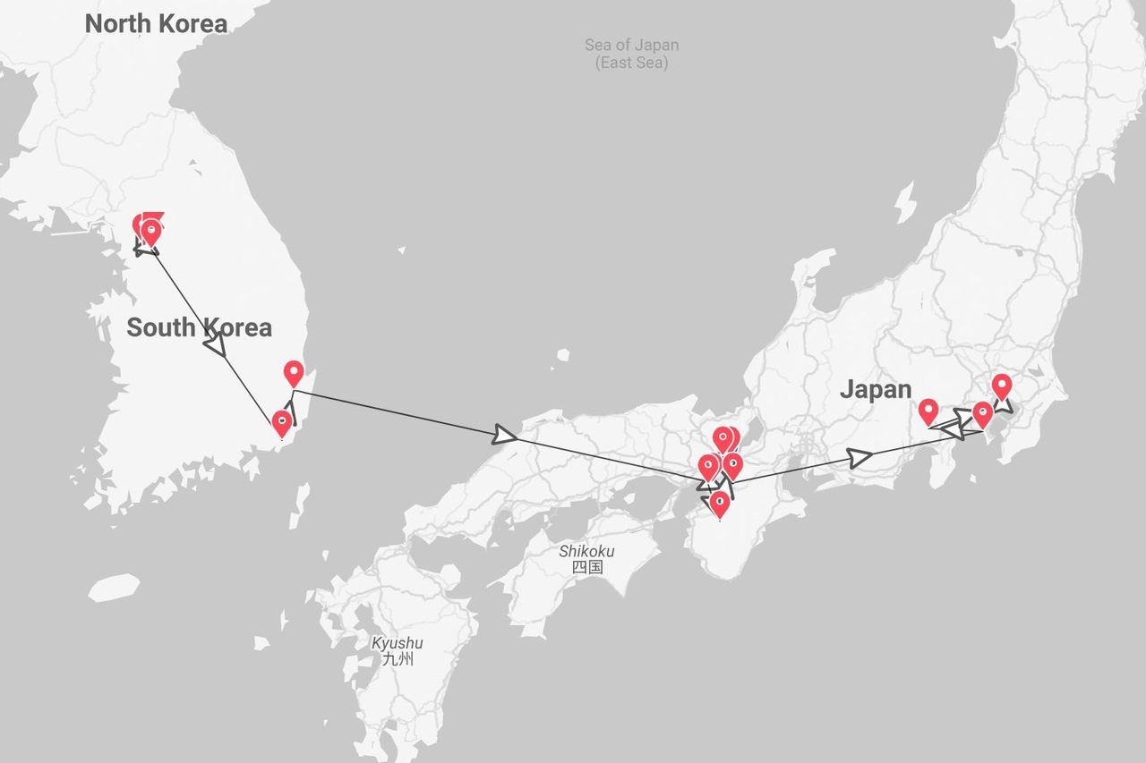 Mappa di un itinerario di viaggio con tappe segnate, che inizia in Corea del Sud e prosegue verso varie località in Giappone.