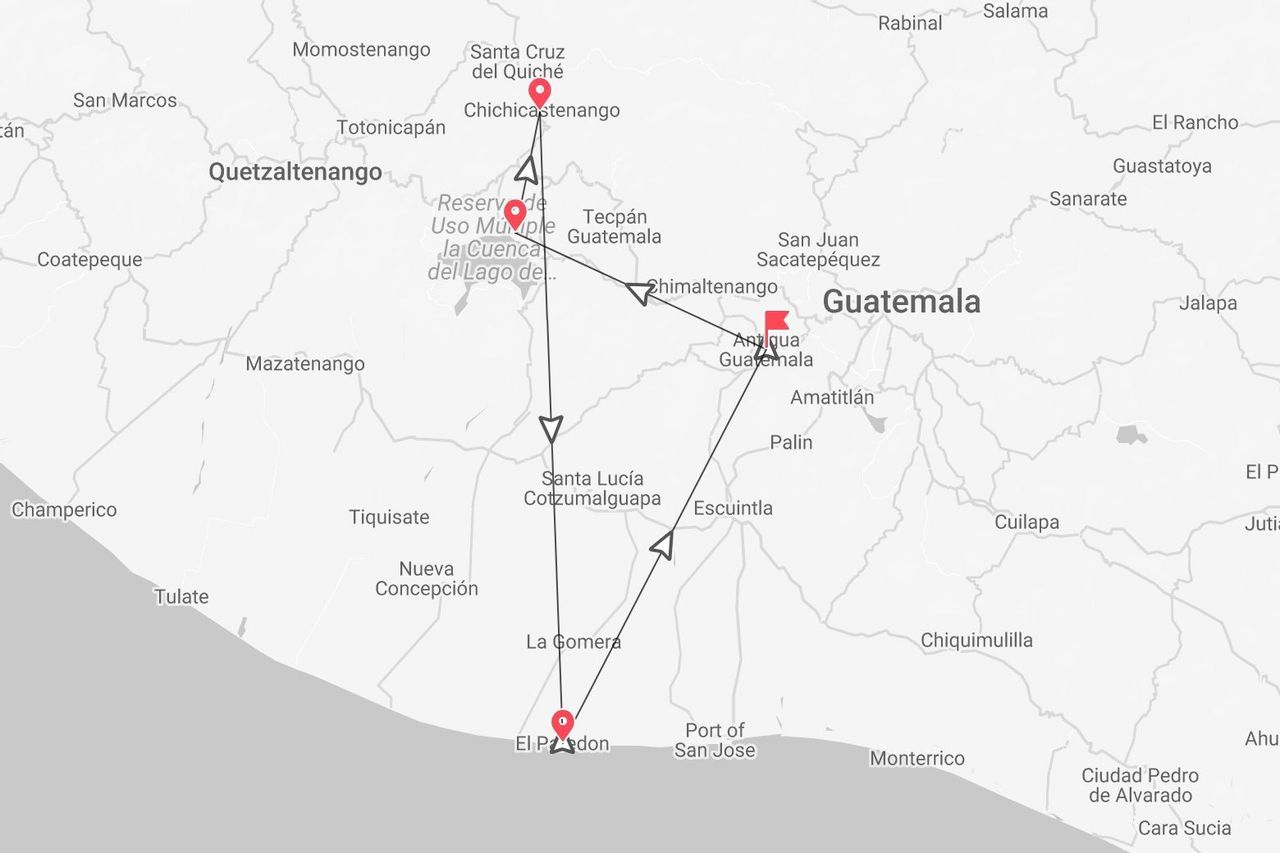Mappa di viaggio del Guatemala con itinerario per Chichicastenango, Antigua Guatemala ed El Paredón.