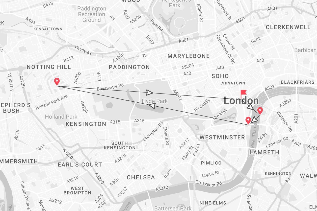 Un mapa de Londres con una ruta marcada desde Notting Hill, pasando por Hyde Park y terminando en el centro de la ciudad.