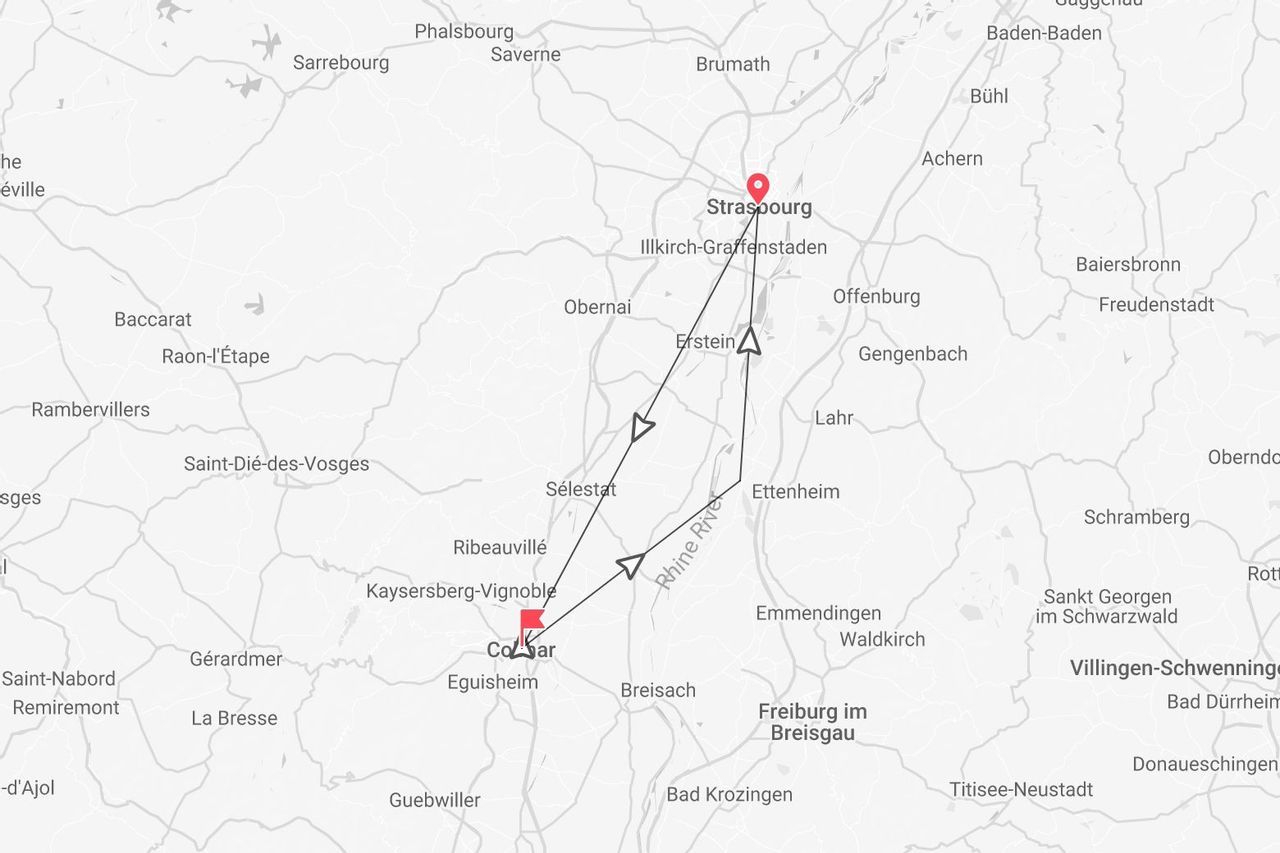 Mappa di un itinerario di viaggio in Alsazia, Francia, con un percorso ad anello da Strasburgo, passando per Sélestat e Colmar, e ritorno.