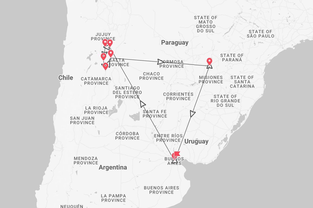 Un mapa que muestra un itinerario de viaje por Argentina, comenzando en Buenos Aires y cubriendo las provincias del norte: Jujuy, Salta y Misiones.
