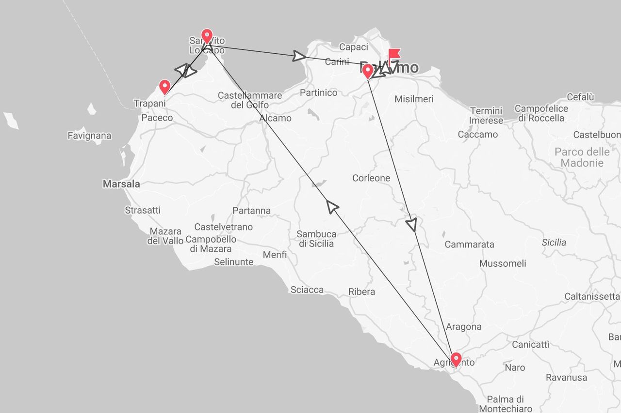 Una mappa della Sicilia occidentale che mostra un itinerario di viaggio che collega Palermo, Agrigento, Trapani e San Vito Lo Capo.
