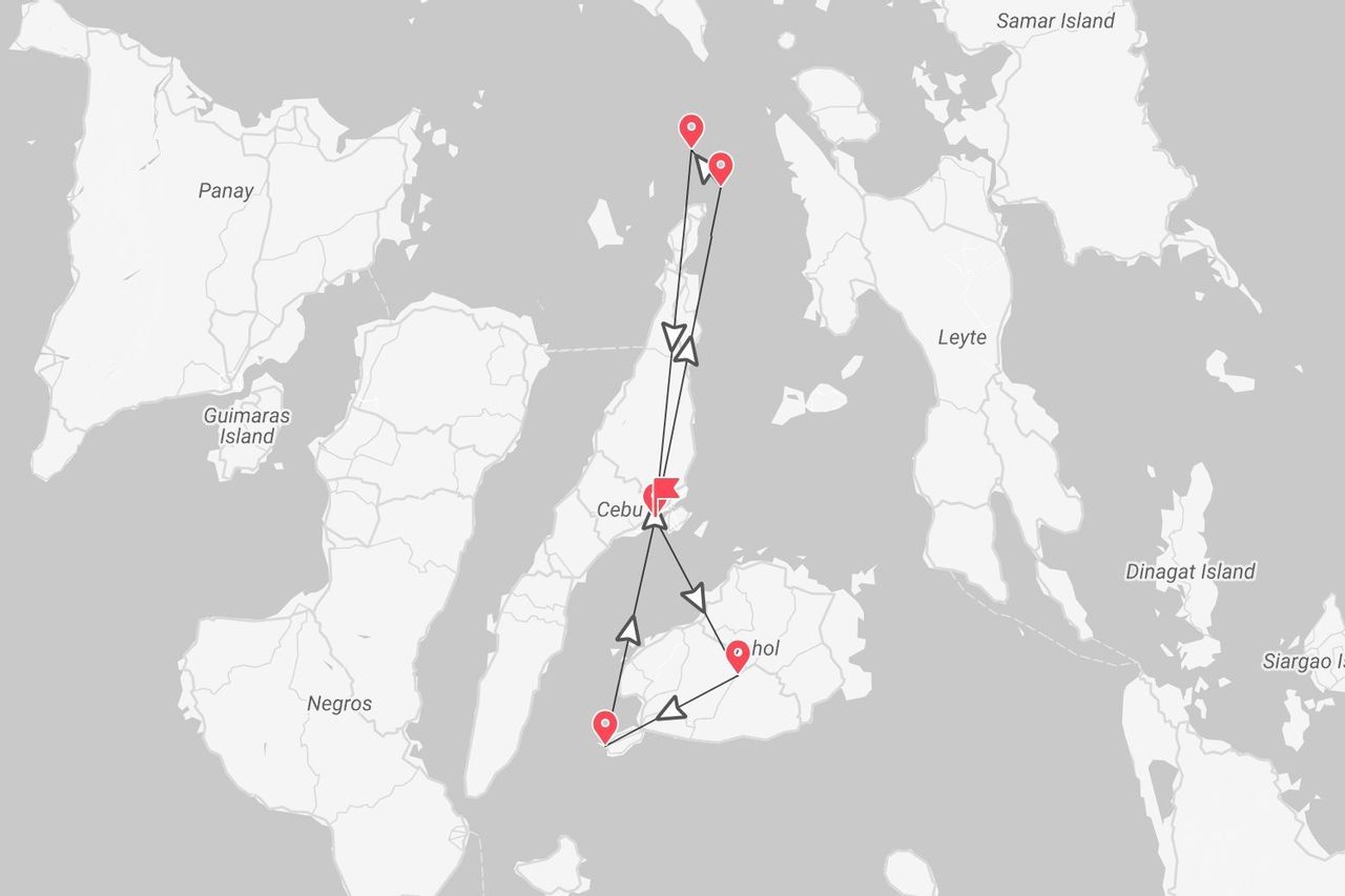 Mappa dell'itinerario di viaggio per le isole di Cebu e Bohol nelle Filippine.