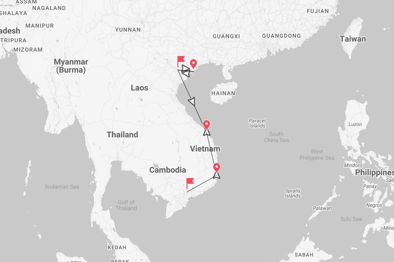 Un mapa del sudeste asiático mostrando una ruta de viaje por Vietnam y Camboya, con alfileres rojos marcando paradas en el camino.