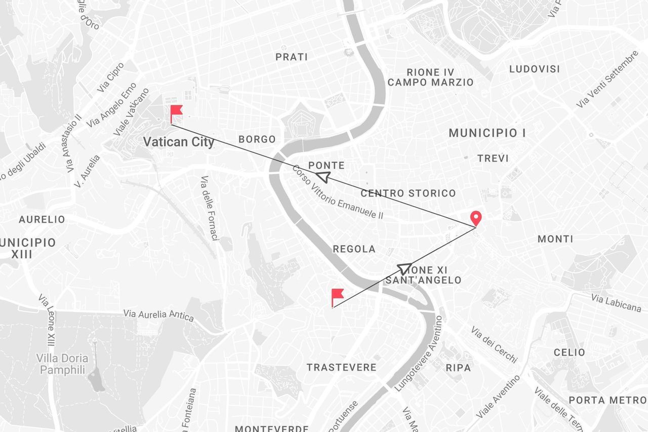 Mappa stradale di Roma, Italia, in scala di grigi, che evidenzia un itinerario di viaggio tra Città del Vaticano, Trastevere e Centro Storico.